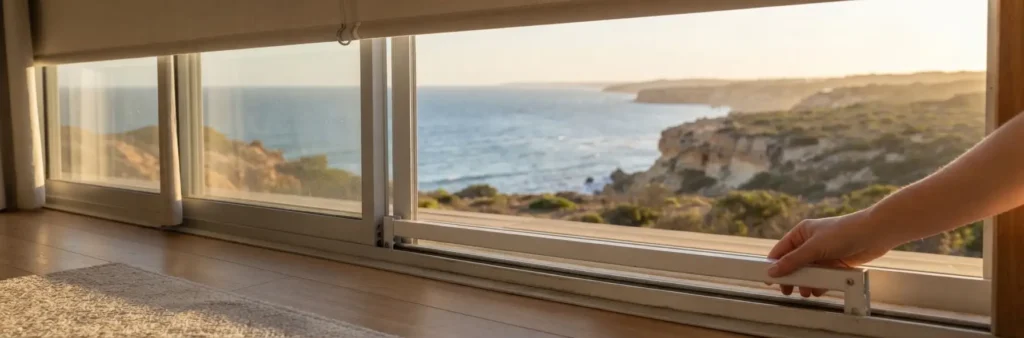Sliding glass door lock overlooking a coastal view