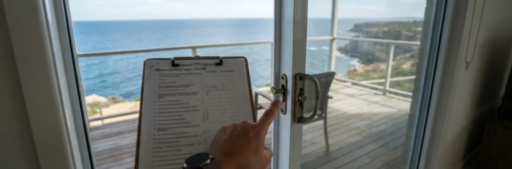 Lock inspection on a coastal home sliding glass door overlooking the ocean in Hallett Cove
