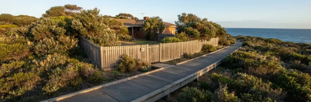 Coastal home and fence beside a boardwalk near Hallett Cove