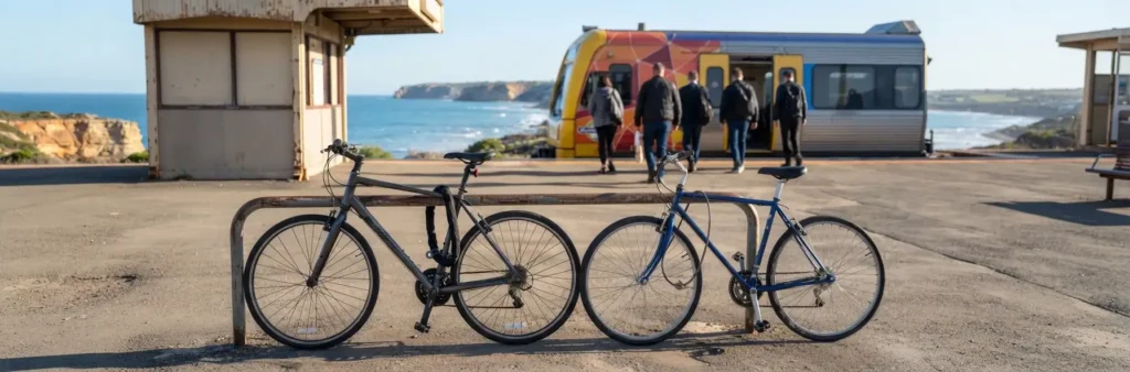 Bicycles secured near a coastal train station in Hallett Cove